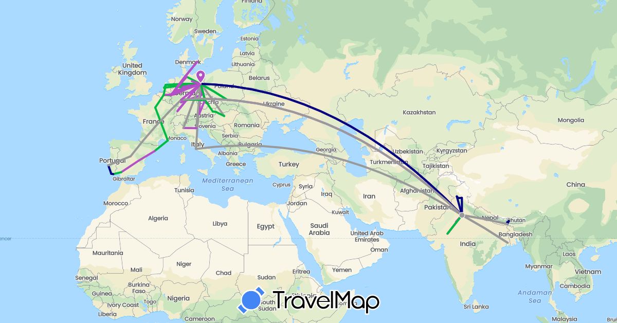 TravelMap itinerary: driving, bus, plane, train in Austria, Belgium, Czech Republic, Germany, Denmark, Spain, France, Hungary, India, Italy, Netherlands, Poland, Portugal, Slovakia (Asia, Europe)